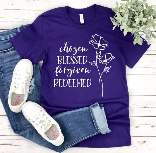 Chosen, Blessed, Forgiven, Redeemed Shirt T-shirt Lord is Light Purple S