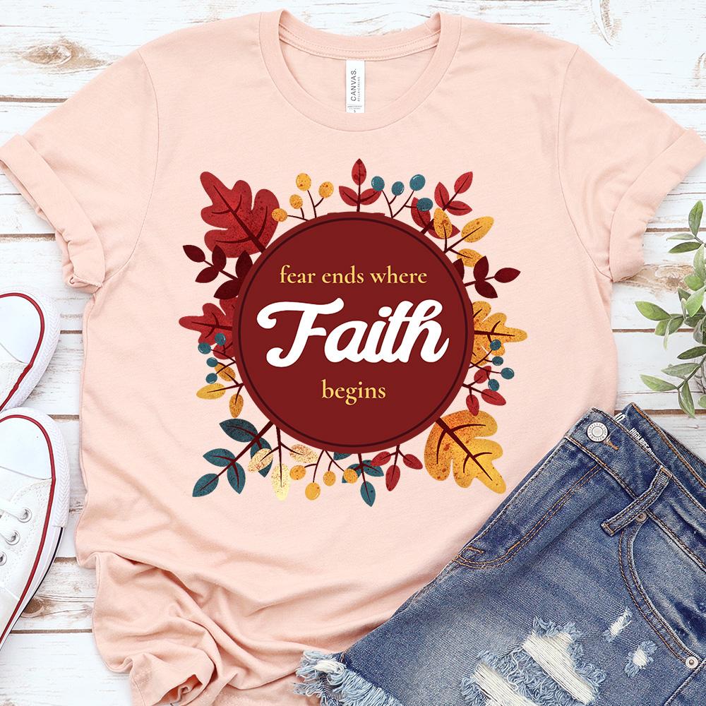 Fear Ends Where Faith Begins Fall Leaves Shirt T-Shirt Printify Heather Peach XS