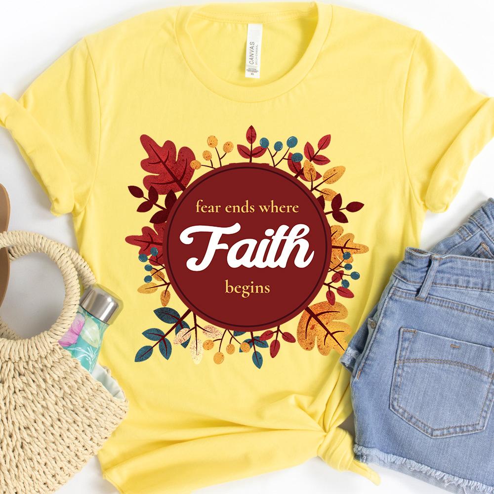 Fear Ends Where Faith Begins Fall Leaves Shirt T-Shirt Printify Yellow XS