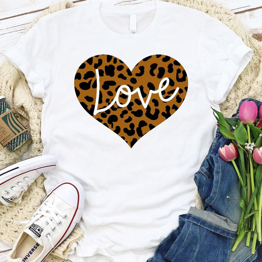 Love Heart Leopard Print Shirt T-shirt Lord is Light White S 