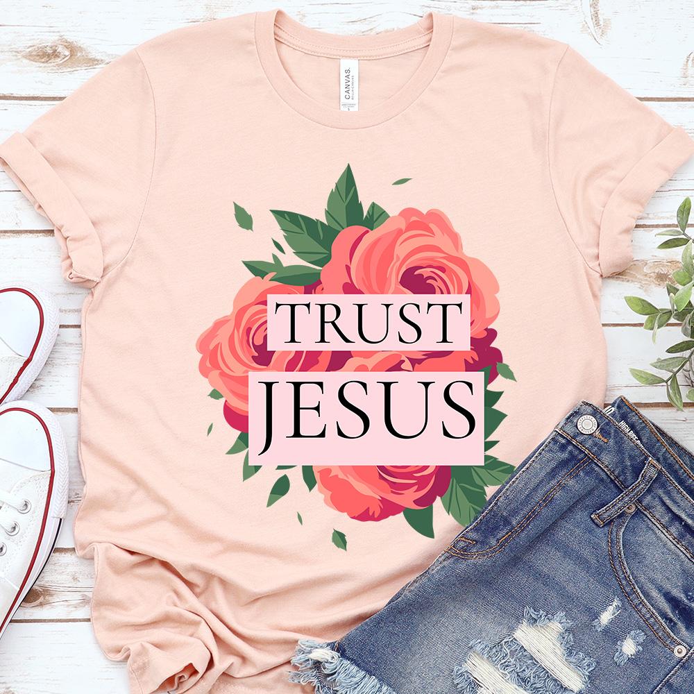 Trust Jesus Rose Flower Shirt T-Shirt Printify Heather Peach XS