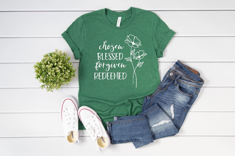 Chosen, Blessed, Forgiven, Redeemed Shirt T-shirt Lord is Light Kelly Green S 